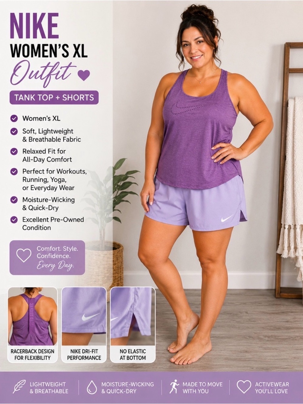 Nike women’s Xl Purple Racerback Tank and Light Purple Shorts Set